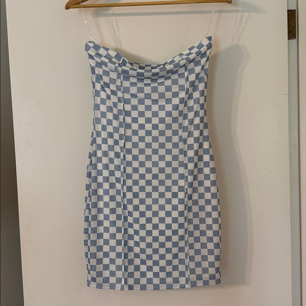 Blue and White race track Checkered Strapless Dress